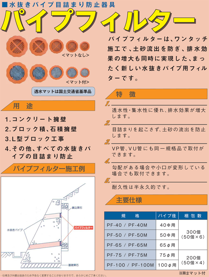 擁壁・石積み工事用材 水抜き孔用パイプフィルター PF-75M 透水マット付 1個 ホーシン