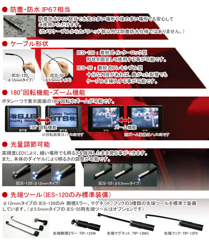 STS 液晶モニター付工業用内視鏡カメラ IES-120 標準セット ケーブル外