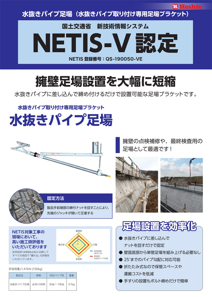 水抜きパイプ取り付け専用足場ブラケット 水抜きパイプ足場 50φ-100φ用 1本 ホーシン [石積みブラケット]