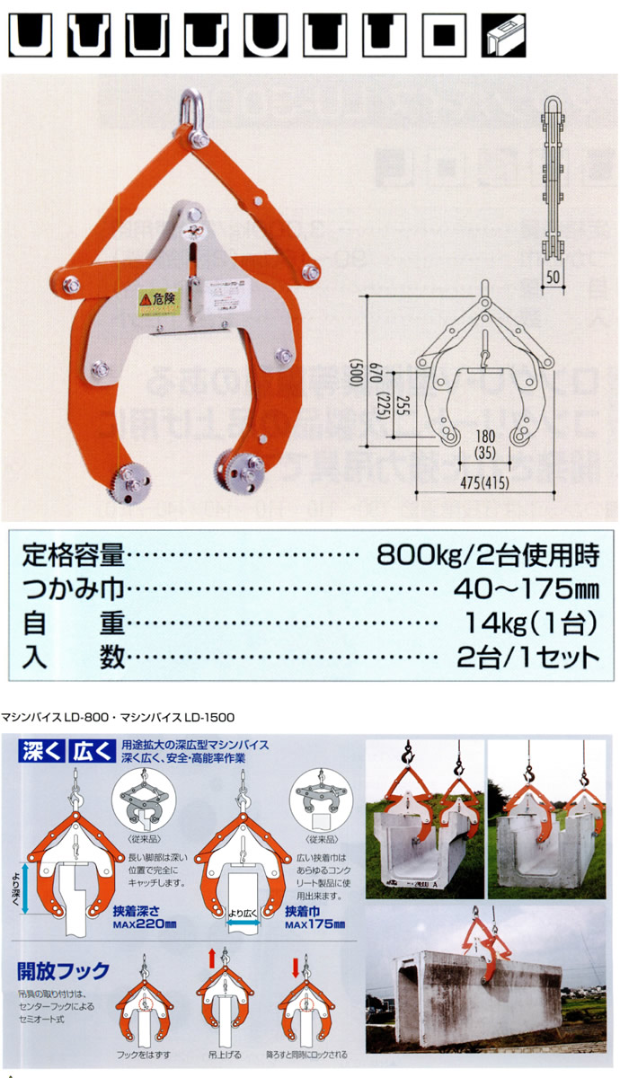 U字溝の吊上げ工具 マシンバイス LD-800 2台1セット サンキョウ
