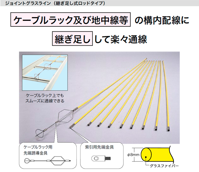 通線工具 地中線工具 ジョイントグラスライン 継ぎ足し式ロッドタイプ 2m×1本 GLR-0820ジェフコム [DENSAN][個人宅宅配不可