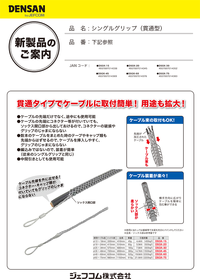 クリアランス セール ジェフコム デンサン DSGK-60 シングルグリップ(貫通型) 使用ケーブル径：φ49-60mm 特殊工具