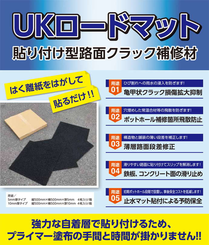 貼付型アスファルト補修材 UKロードマット 厚み5mm 500mm×500mm 4枚セット