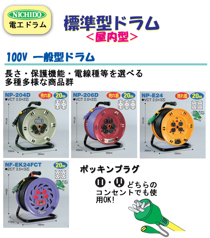日動工業 標準型ドラム 屋内型 アース付 20m NP-E24-