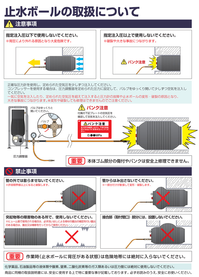 下水管止水プラグ 止水ボール ロングタイプ 150-300mm用 PL150-300BA バイパス付