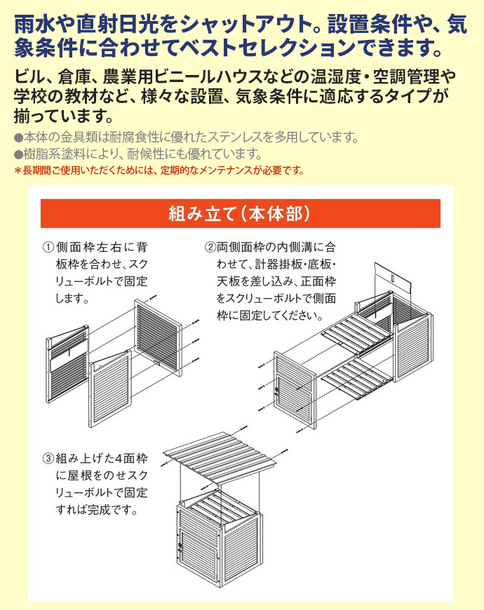 送料無料（一部地域を除く） 工事資材通販 ガテン市場百葉箱 本体のみ 45型 準気象庁2号型 片屋根タイプ 450×450×470 マイゾックス 