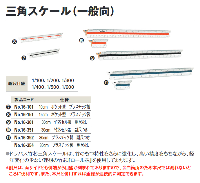三角スケール 一般向 30cm 竹芯セル張 副尺なし No.16-301